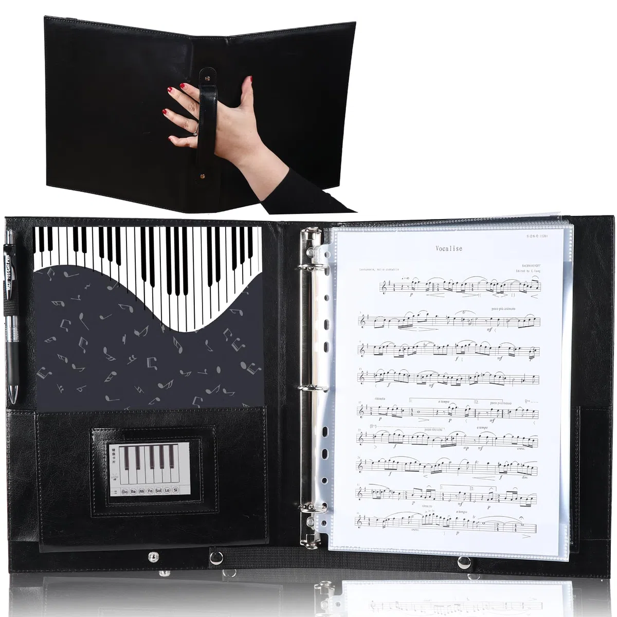 Musfunny Notenmappe für Chornoten: Chormappe Aus PU Leder mit 3 Ringen Griff Und Gummiband – Mappe A4 für Chorsänger Bands und Bühnenauftritte