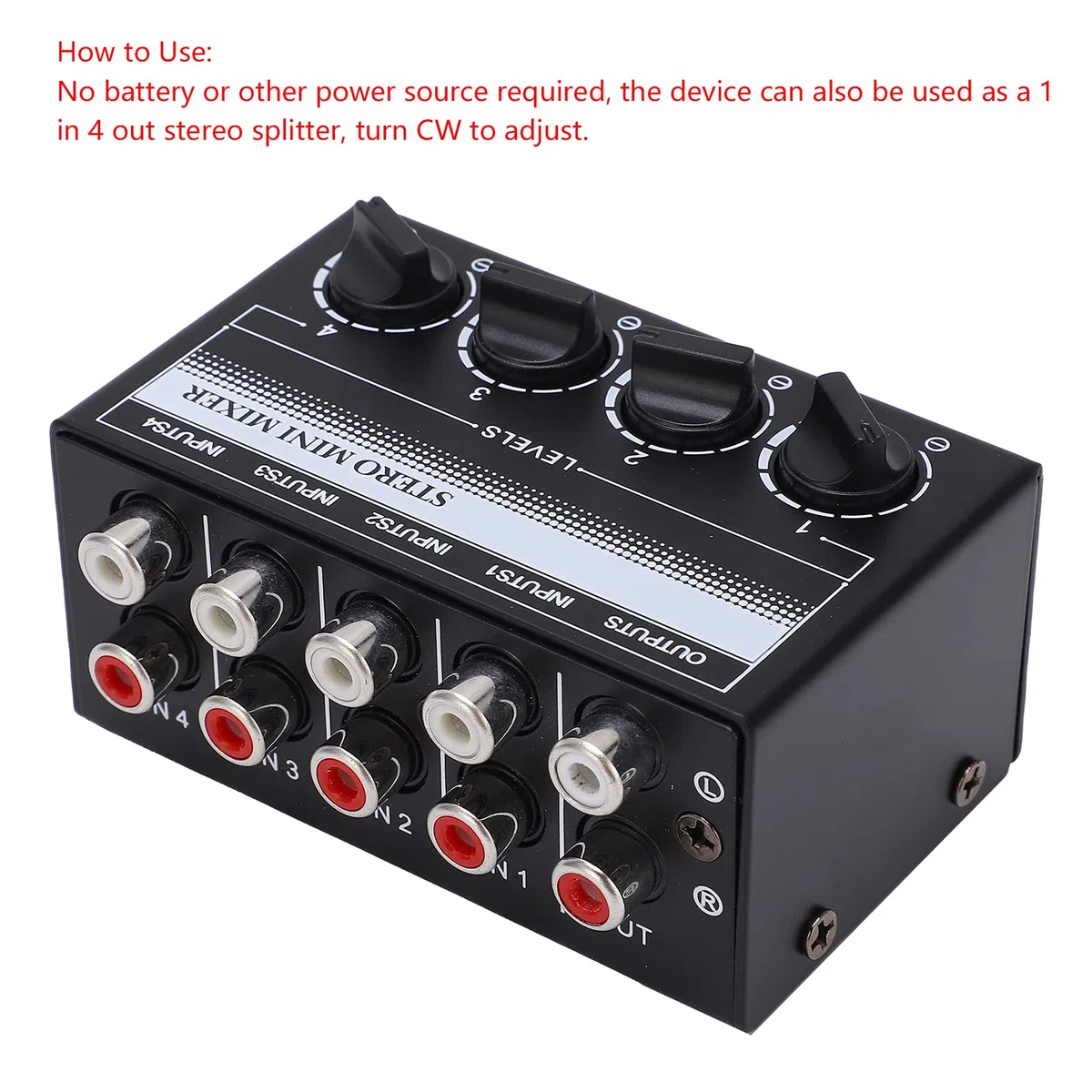 Stereo-Mini-Mixer Stereo-Mixing-Ausgang Ganzmetallgehäuse 4 Stereo-Cinch-Eingänge Audiosignal-Effektgeräte